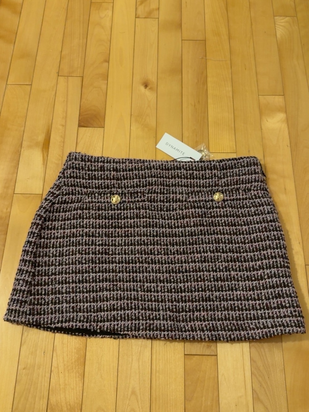 Dynamite Black & Pink Tweed Mini Skirt with Gold Buttons